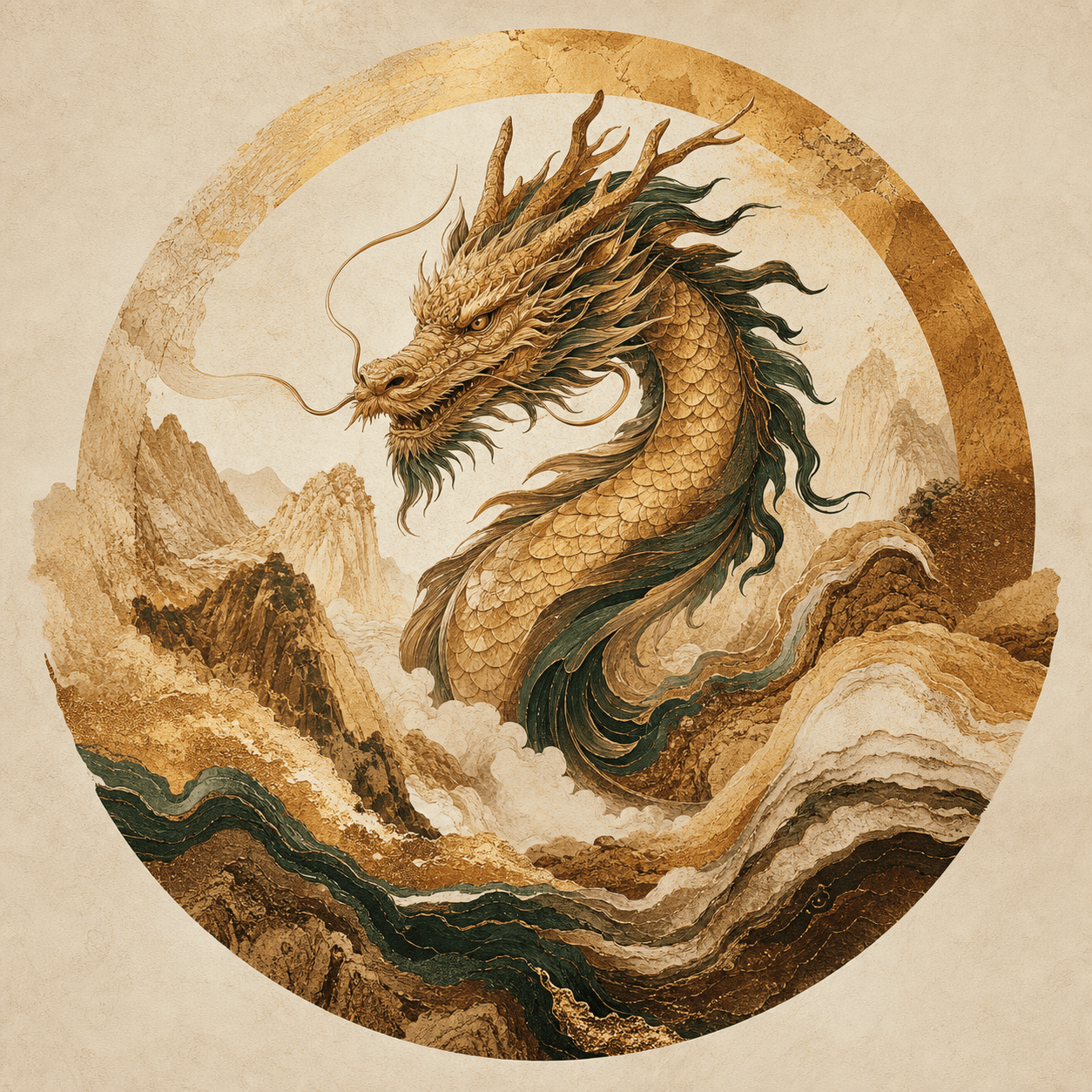 Fictional Earth Dragon cultural artwork in sandstone, antique gold, and deep jade