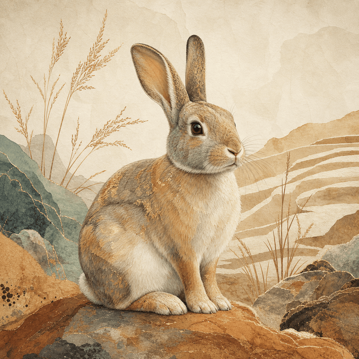 Fictional Earth Rabbit cultural artwork in sage jade, warm clay, and rice-paper tones